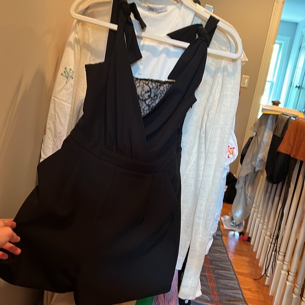 Good as New Zara black fancy romper with bow ties and lace back